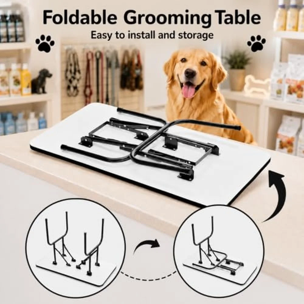 46 Inch Foldable Dog Grooming Table with Adjustable Arm Nooses & Storage Basket Non Slip Pet Grooming Station for Dogs