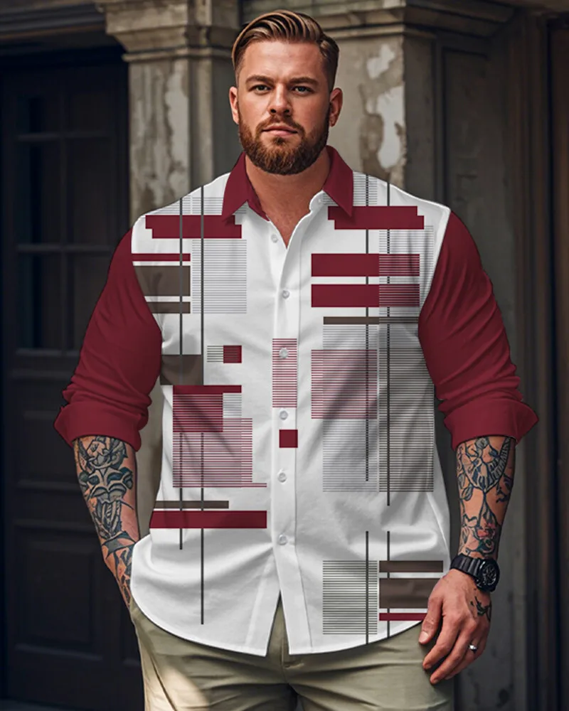 S-9XL Plus Size Men's Geometric & Gradient Print Long Sleeve Shirt, Casual Business Button-Down Shirt, Multi-Designs Available