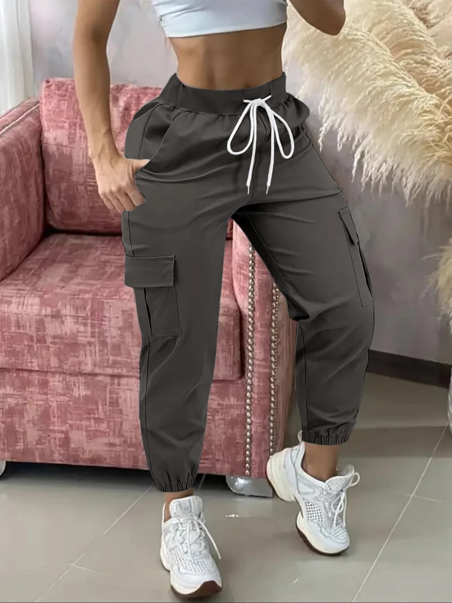 Damen Cargo-Hosen mit hohem Bund, Kordelzug, lockere Jogginghosen, lässige Streetwear, Workout-Sweathosen mit Taschen, sportliche Gym-Hosen – Detail 1