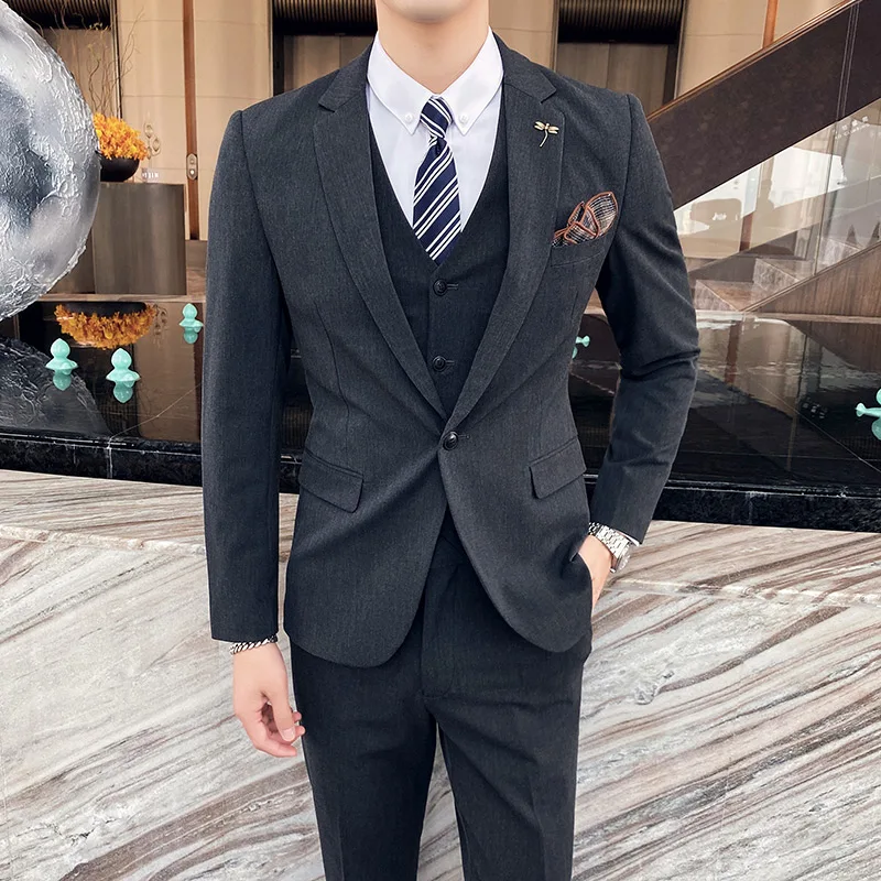 

( Jacket + Vest + Pants ) High-end Brand Solid Color Men's Formal Business Suit Three-piece Set Groom Wedding Dress Slim Suit