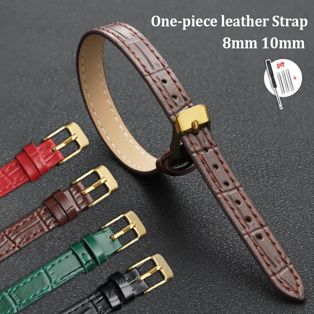 

Gold Clasp Bamboo Pattern Bracelet Ultra-thin Leather Watch Band 8mm 10mm Slim Leather Watch Strap Men Women Universal Wristband