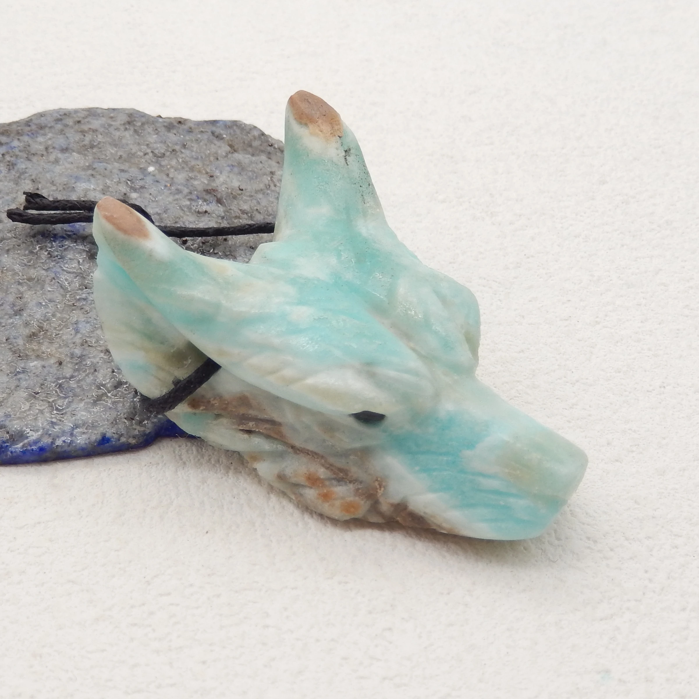 Natural Stone Larimar Wolf Head Pendant Reiki Healing Carved Animal DIY Animal Jewelry Necklace Gift 51x36x18mm 33g