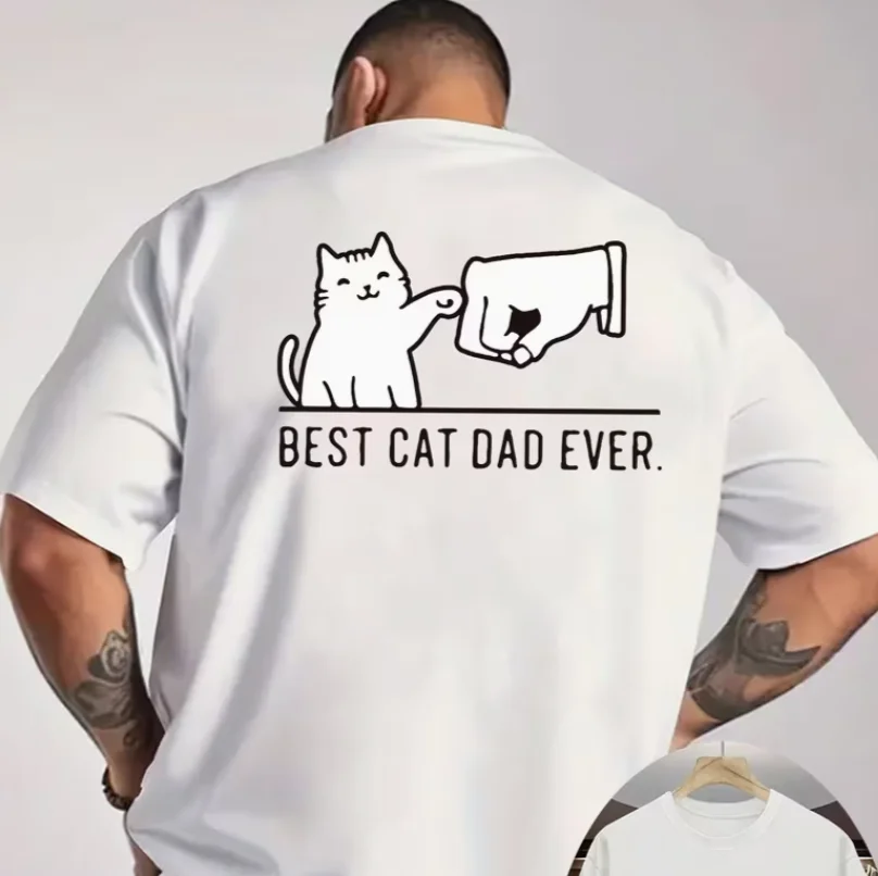 Funny Cat Dad T-Shirt  Men's Light Grey Pet Lover Gift  Breathable Knit Fabric Tee  BEST CAT DAD EVER Back Summer Round Comfort
