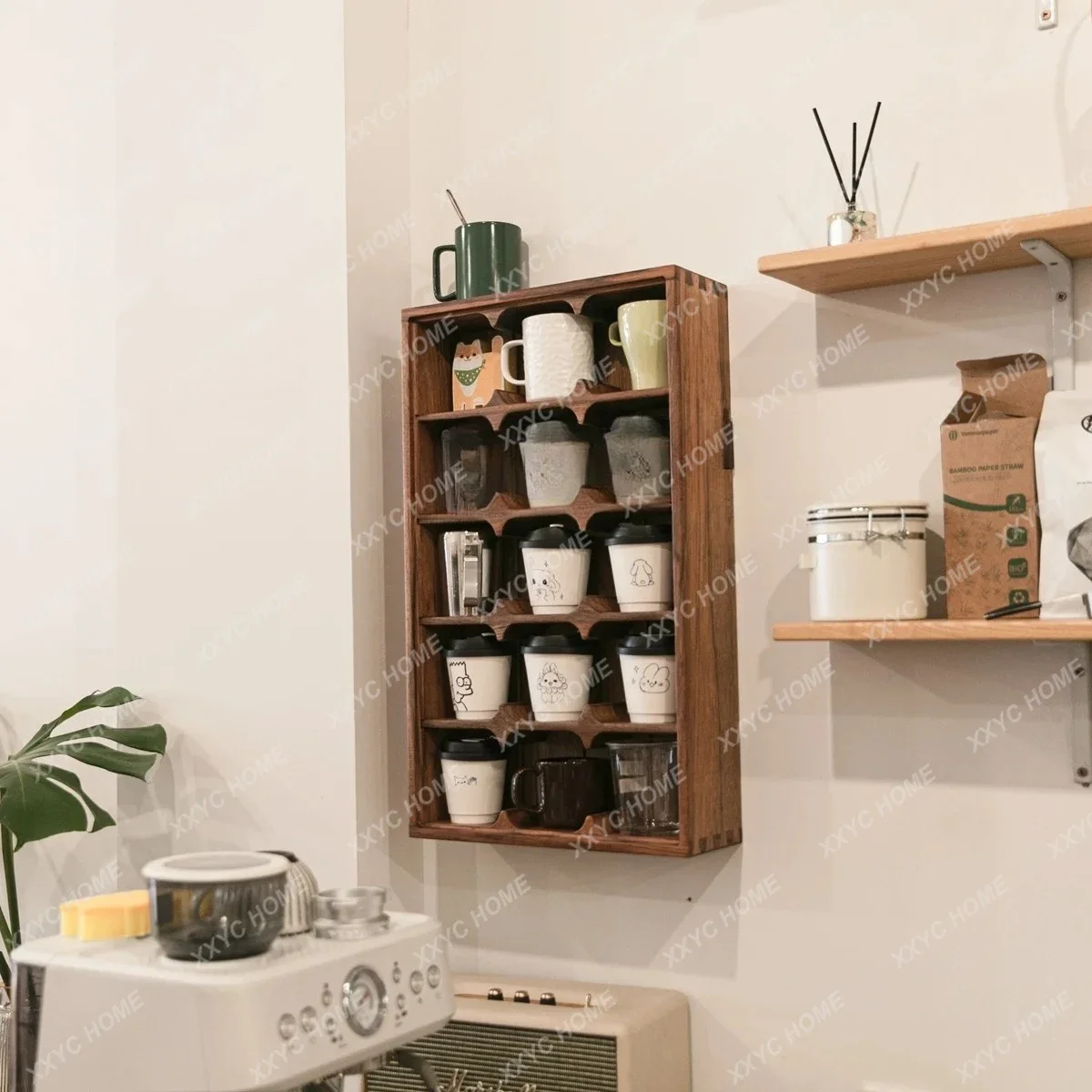 

QQCoffee Cup Cabinet Wall Hanging Cup Holder Full Tenon And Mortise Selected Wood Cafe Decorative Cabinet