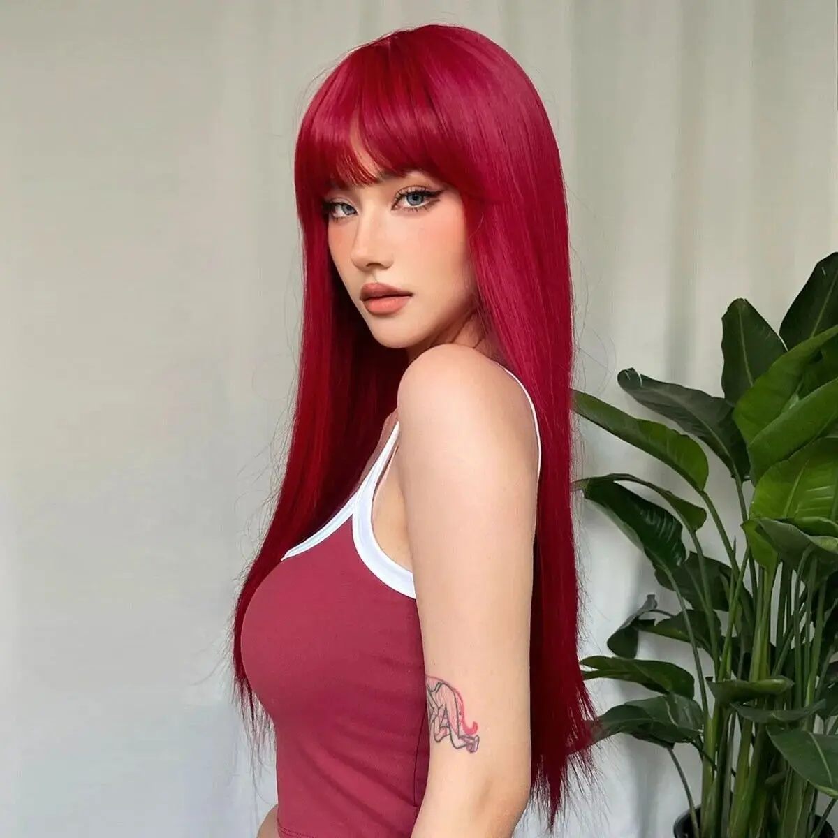 Light Long Red Synthetic With Bangs For Women Straight Natural Cos Party Wigs