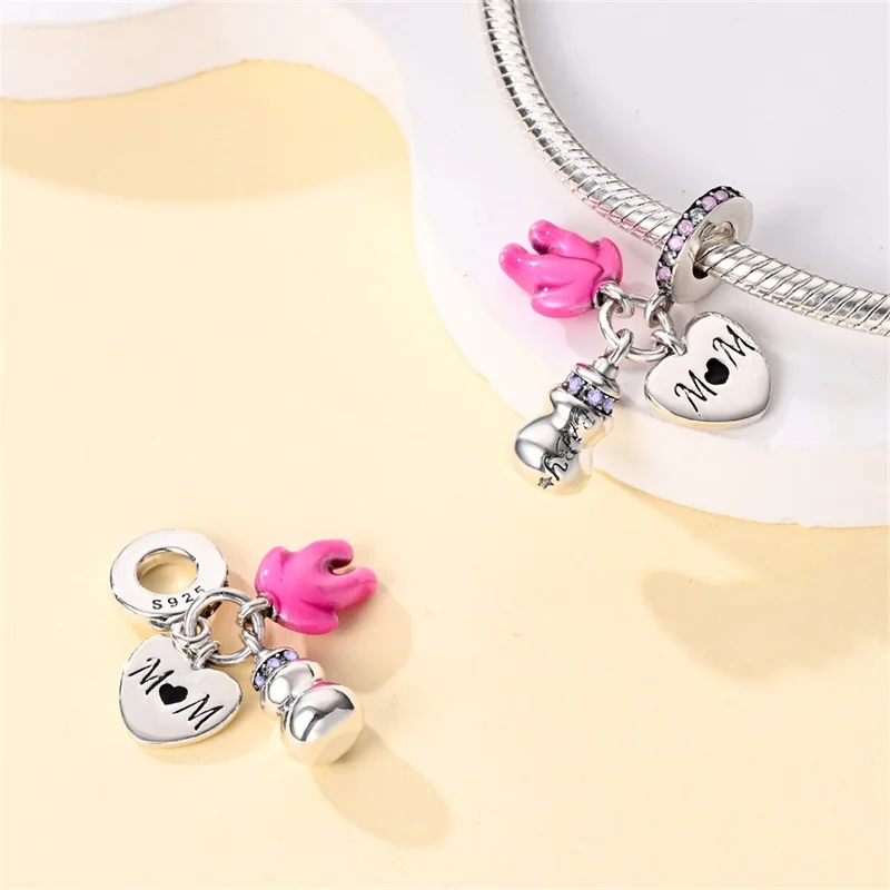 925 Silver Mother\'s Day Baby Shoe Bottle Clothing Pendants Pink Heart-shaped Charms Beads Fit Pandach Bracelets DIY Jewelry Gift