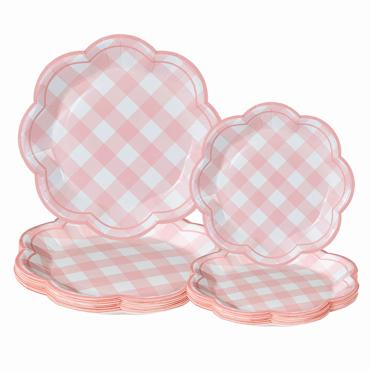 Assiettes en papier jetables à motif à carreaux roses en forme de fleur, motif gingham, décoration de table pour pique-nique en plein air