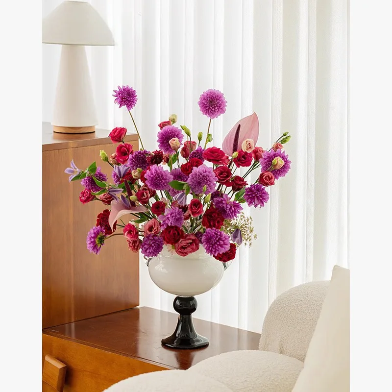 Glazed black and white high-footed big belly binaural design flower ware soft vase portable retro handmade ornament