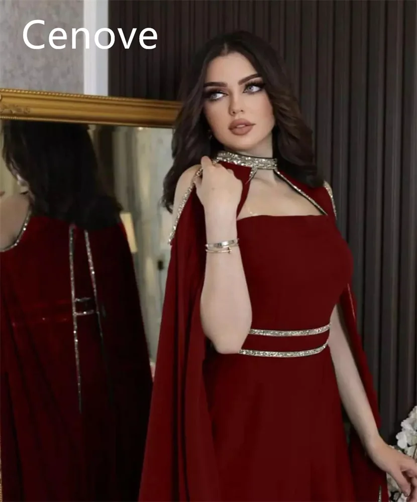 Cenove Deep Red Triangle Collar  Prom Dress Shawl Sleeves With Ankle Length Evening Summer Elegant Party Dress For Women2023