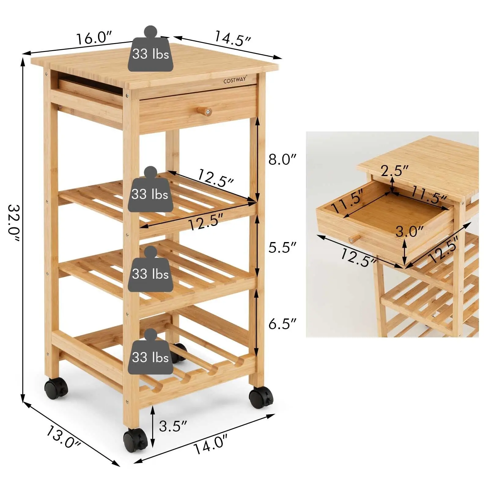 Costway Bamboo Kitchen Island Serving Cart Utility Trolley with Wine Rack on Wheels