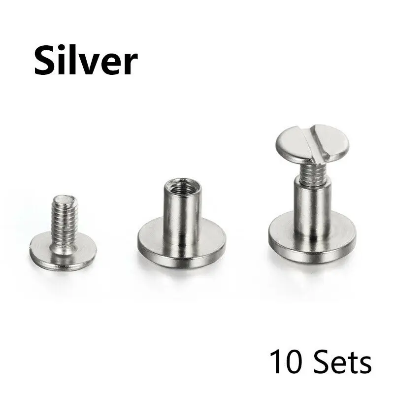 10Sets/20Pcs Flat Belt Screws Luggage Leather Craft Nail Rivets Brass Gold Silver Solid Female Rivet Slotted Stud Head