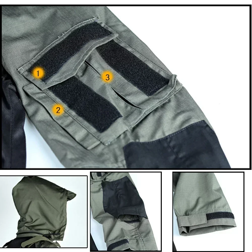 Camicie da combattimento 1/4 Camicie tattiche da allenamento con cerniera Abbigliamento da uomo Rip Stop Abbigliamento da lavoro T-shirt mimetica Top Cappuccio Outfit Resistente all'usura