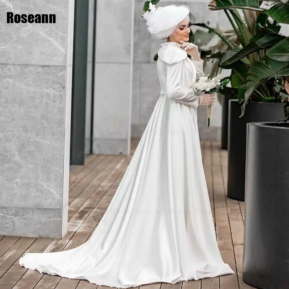 

Muslim Simple High Collar A-line Wedding Dresses Ruffle Pearls Flowers Draped Pleat Floor Length Bride Dress robe de mariée