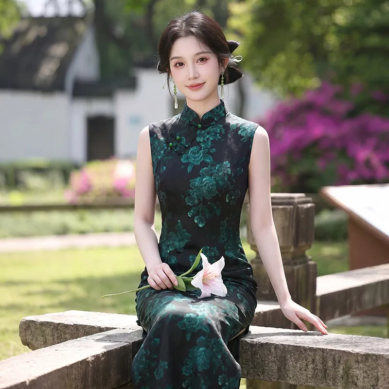 Black Print Sleeveless Chinese Style New Chinese Suzhou Long Cheongsam Improved Young Style 2026 New Female Qipao Dress