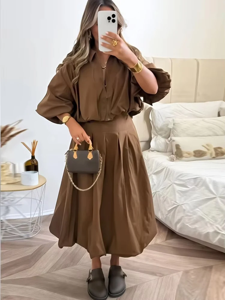 

HH Women's Autumn Fashion Three-quarter Sleeves Lapel Zipper Top+Pleated Lantern Flower Bud Casual 2-Color Long Skirt Suit