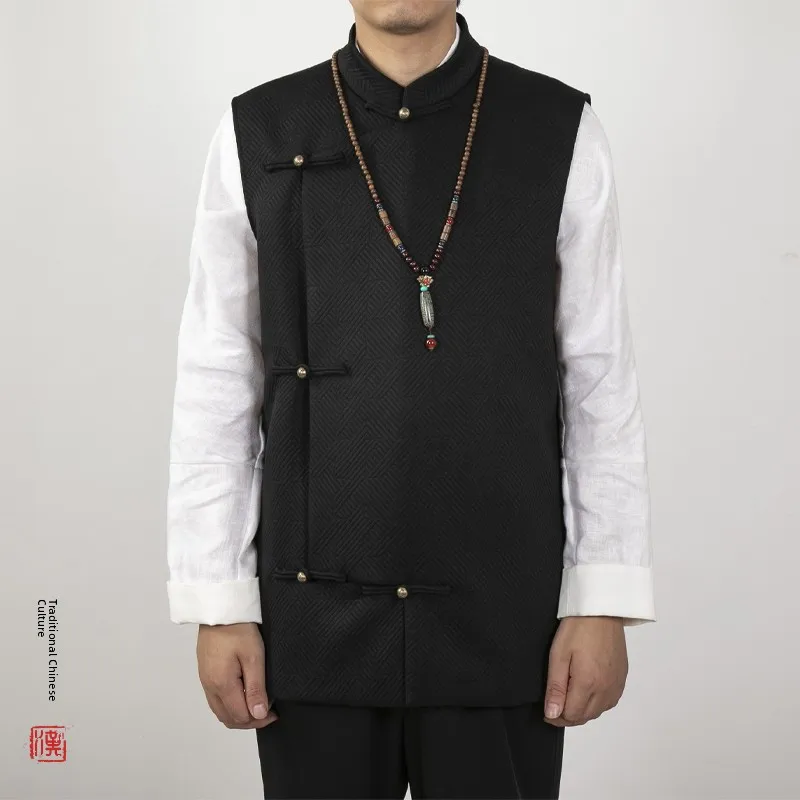 

New Spring Han Su Stand Collar Chinese Sle Tang Suit Vest Men's Large Size Ethnic Retro Trend Knitted Blo Color Stand Fit