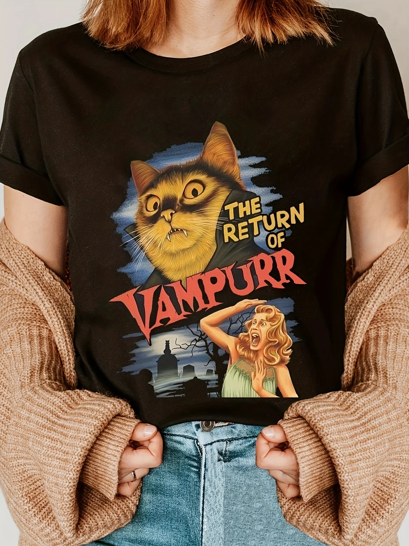 Women's Plus Size Vintage Cat Print T-Shirt 