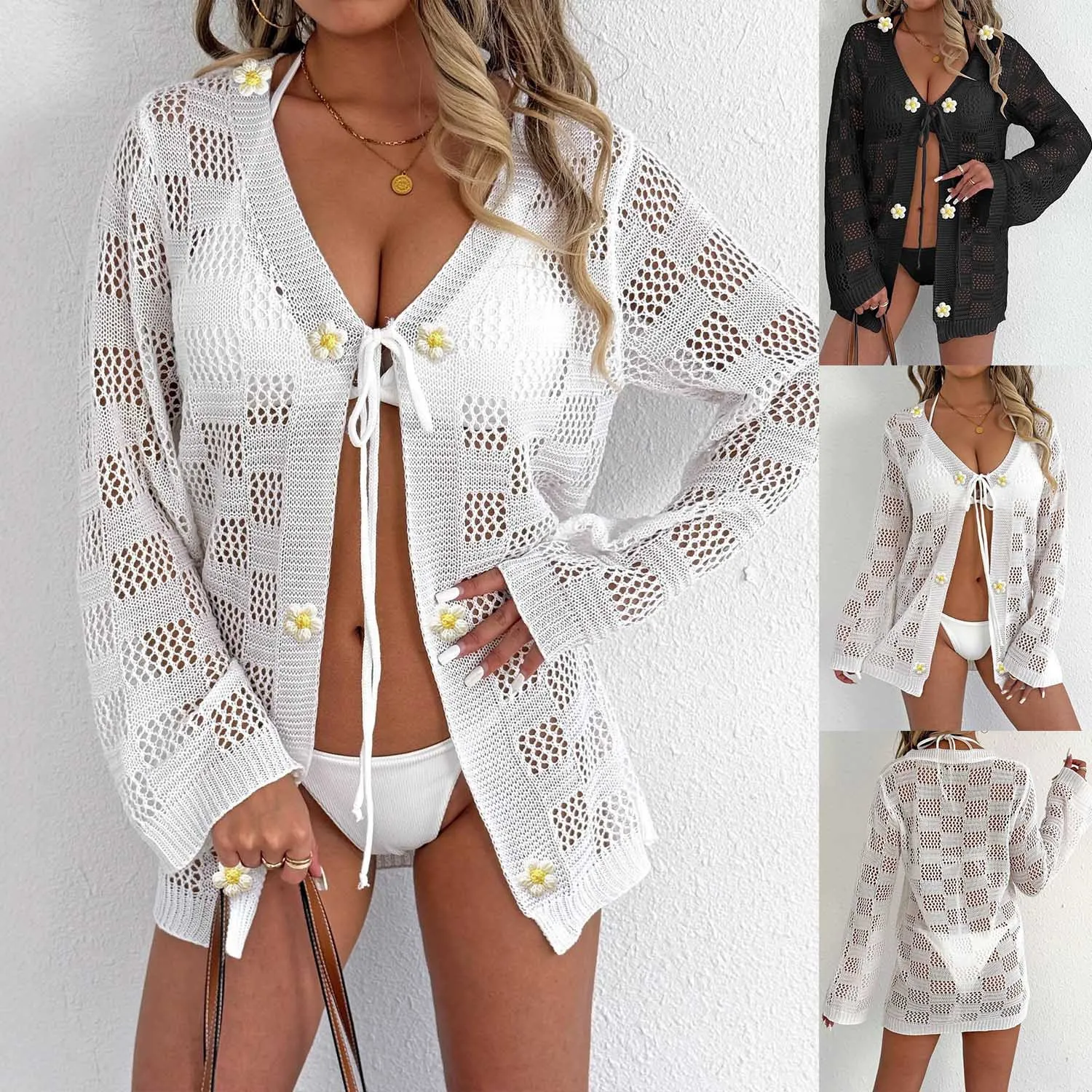 

Ladies Open Cardigan Beachwear Long Sleeve Hollow Out Design String Tie Bikini Cover Up Sun Protection Outerwear