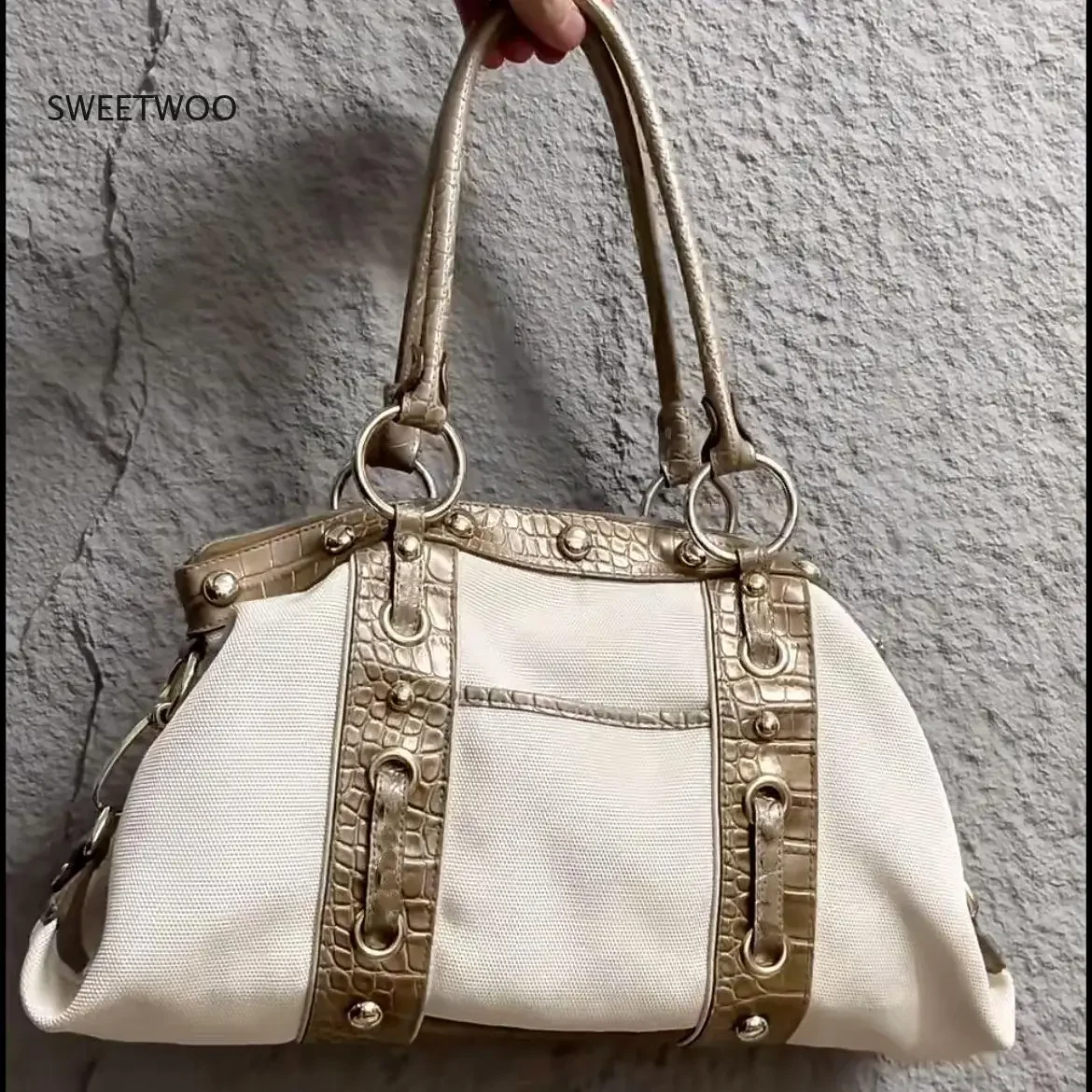 

Women's Vintage Rivet Boston Bag Y2K Style Leather Trim Handbag for Casual Daily Use