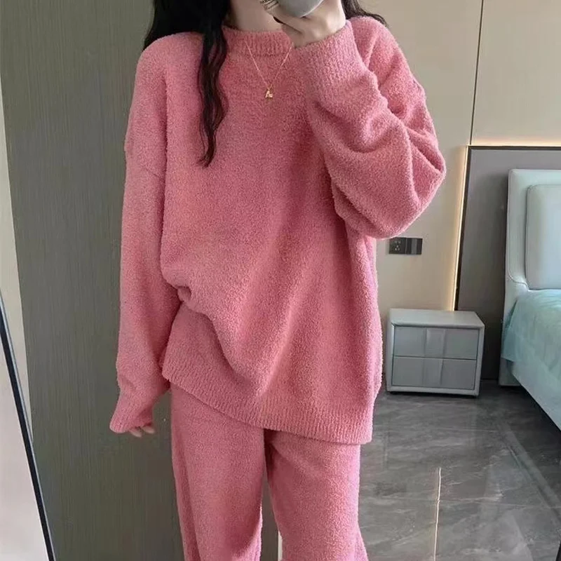 Autumn and Winter New Ms. Korean Senior Solid Color Pajamas Homewear Suit Girls Padded Thickened Plush Knitted Pajamas Homewear