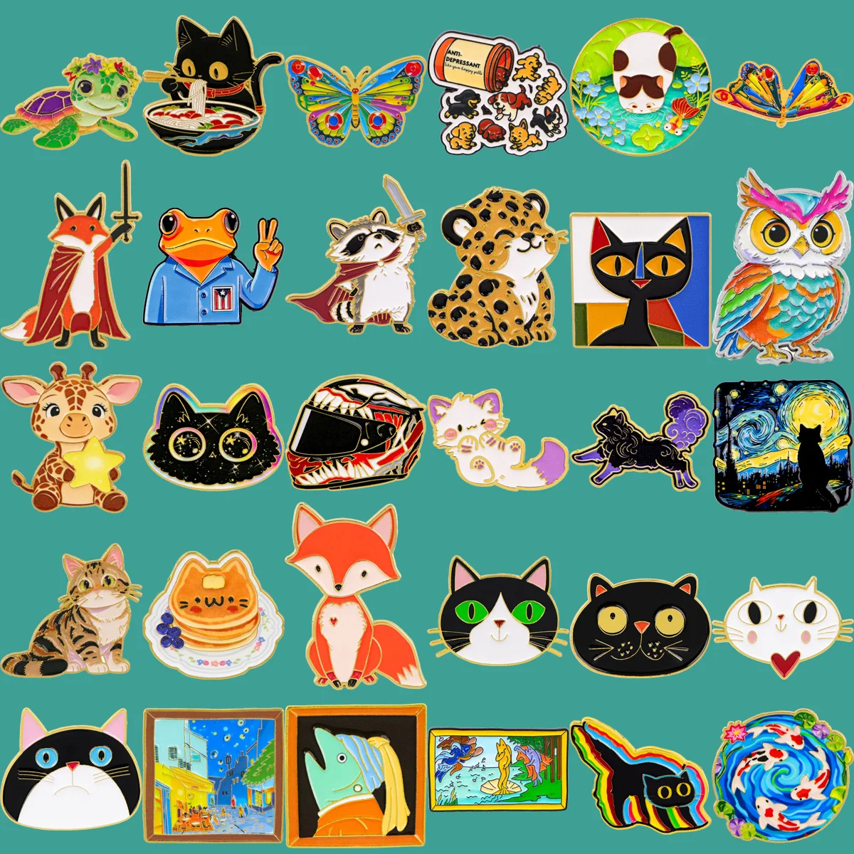 Schwarze Katze Niedlicher Cartoon-Frosch Emaille-Pin Schildkröten-Anstecknadel Rucksack-Pins Tier-Abzeichen Fuchs-Brosche für Kleidung Schmuck Geschenke für Freunde