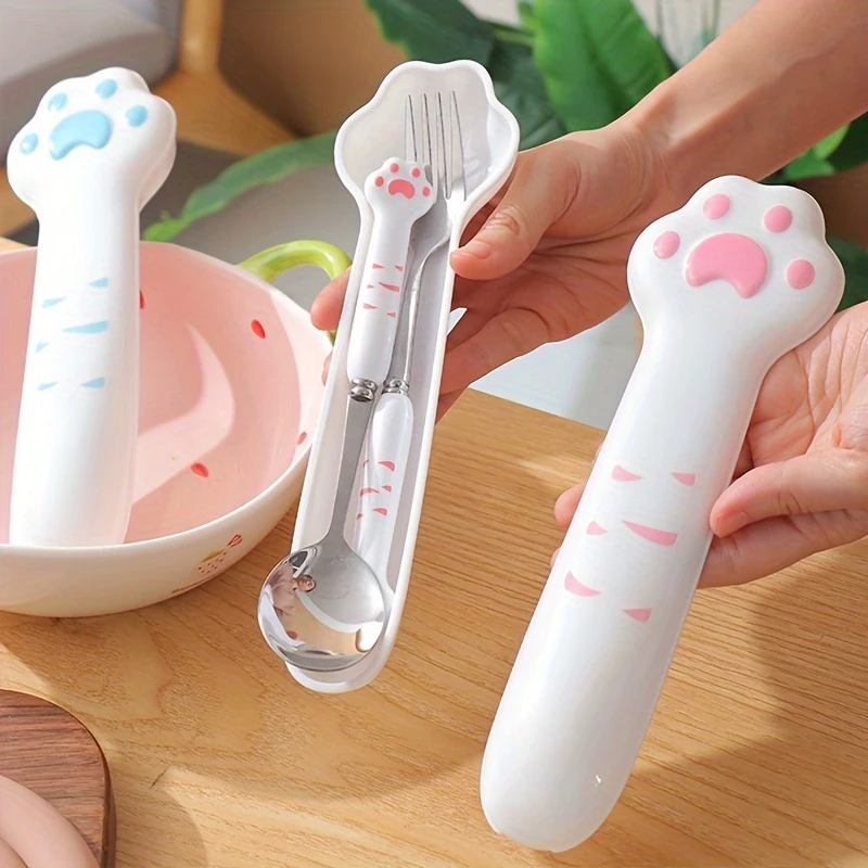 Vajilla portátil, juego de tenedor y cuchara de acero inoxidable para picnic, vajilla reutilizable en caja, vajilla para el hogar, forma de pata de gato.