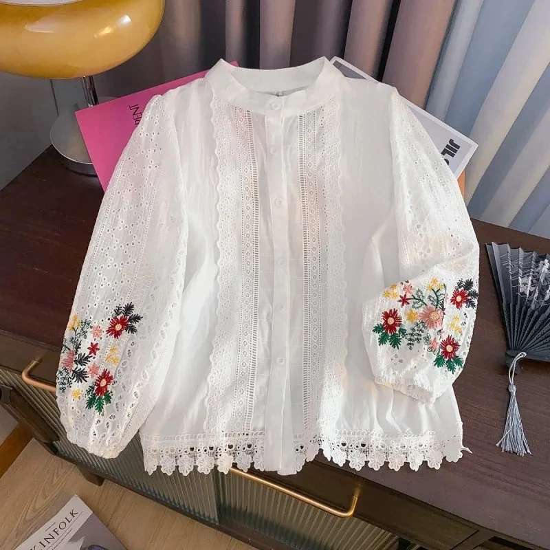 Retro Chinese Style Embroidered Flower Women Shirt Top Lantern Sleeve Lace Patchwork Shirt Women 2025 Summer Loose T-Shirt Top
