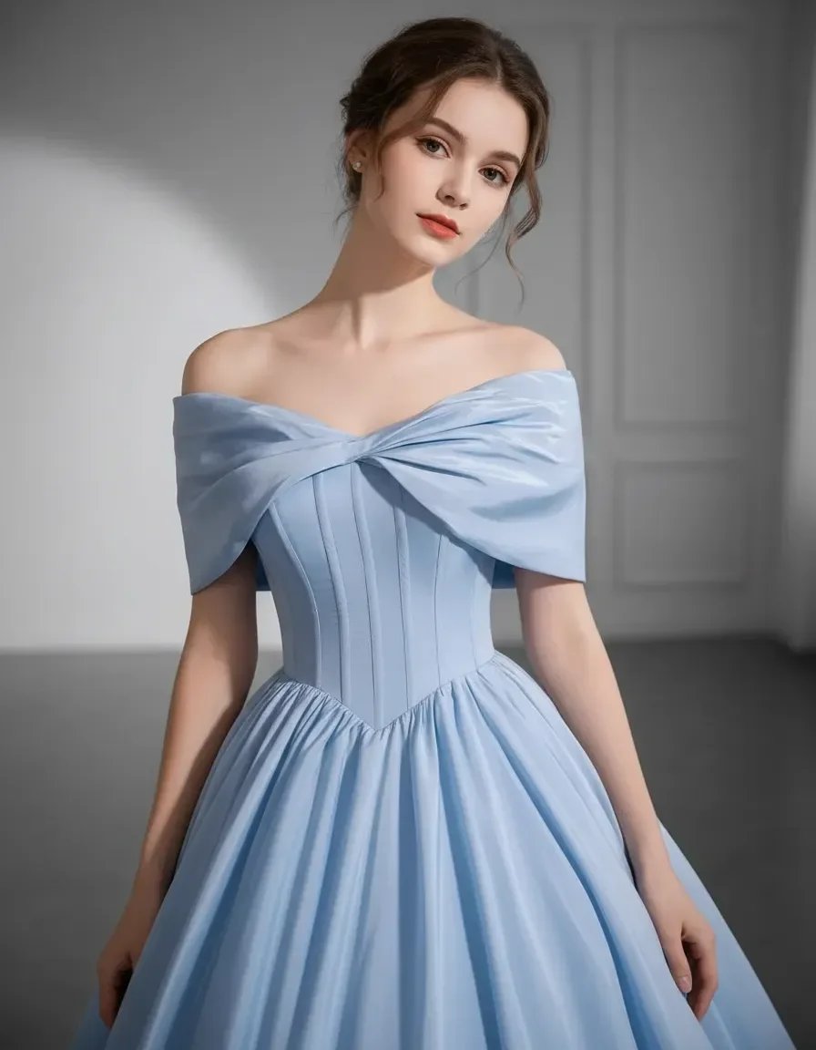 Light Blue Off Shoulder Quinceanera Dress Satin Ball Gown with Corset Bodice Sweet 16 Prom Dress with Free Petticoat