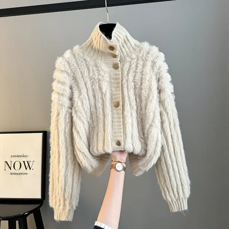 

Women's Clothing Fluffy Jacket White Purple Pink Knitted Cardigan Lazy Sweater Soft Autumn Winter Coat Design Chic Outerwear New