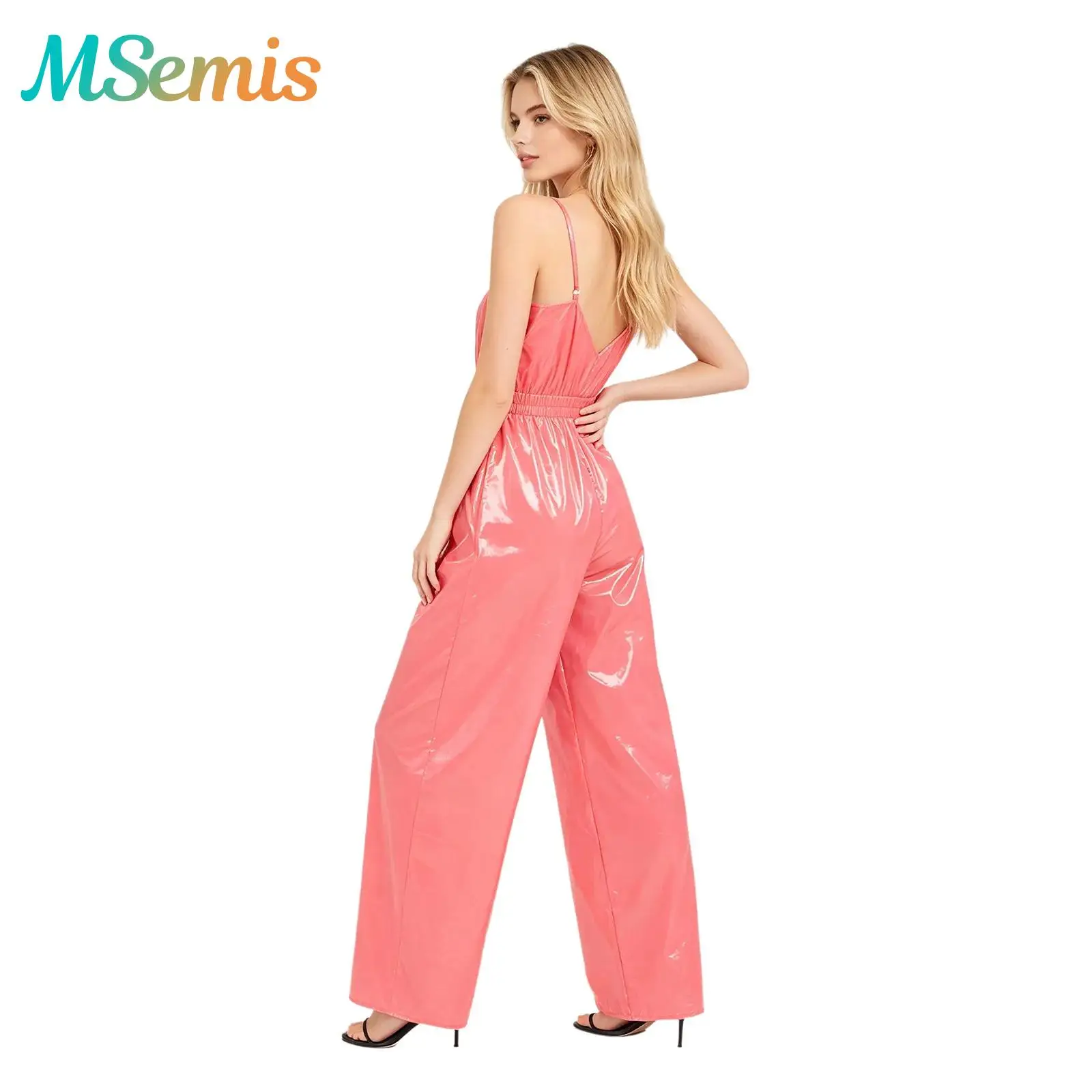 Womens Shiny Vinyl One Piece Cami Overalls Jumpsuit Glossy Waterproof Wide Leg Pants Long Trousers Rompers Rave Party Clubwear