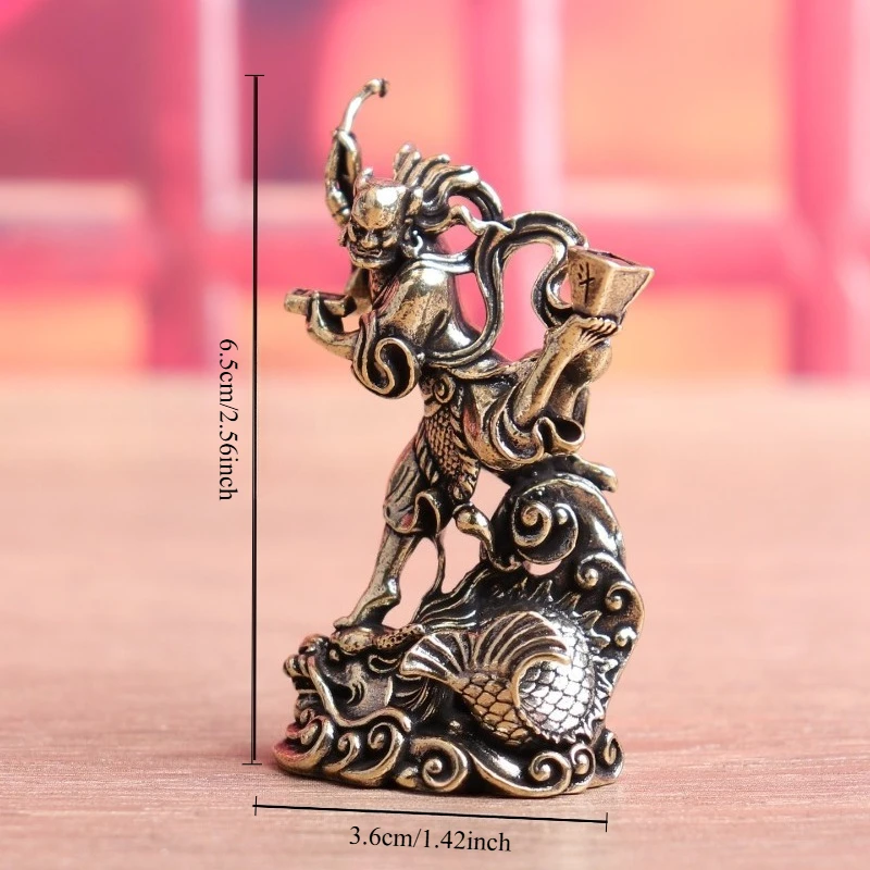 Vintage Brass Kuixing Figurine, Traditional Chinese Myth Character Statue On Dragon Fish Base, Desktop Tea Pet Ornament