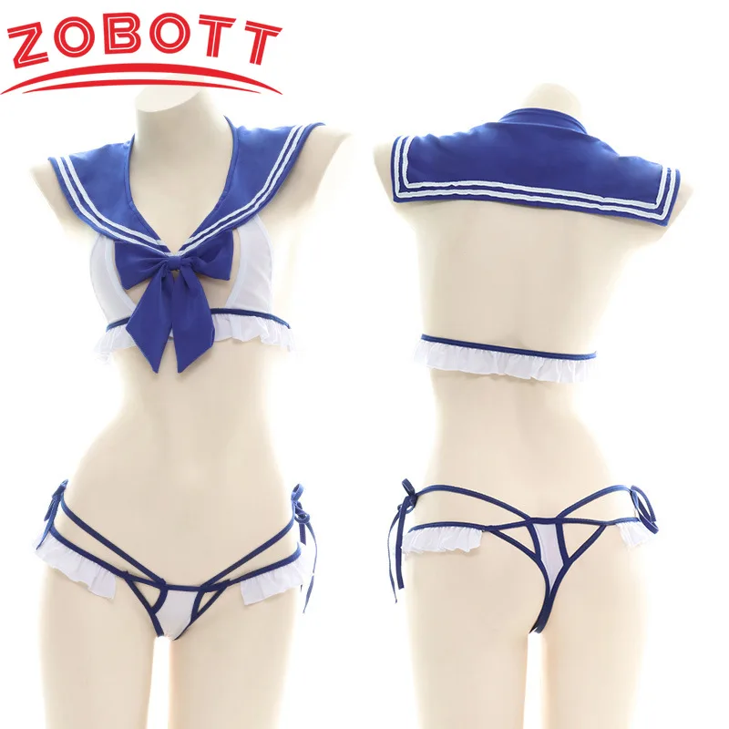 Hot Toys Anime Japanese Cosplay Bow Blue Sailor Suit Bikin Swimsuit School Student Swimwear Uniform Temptation Lingerie