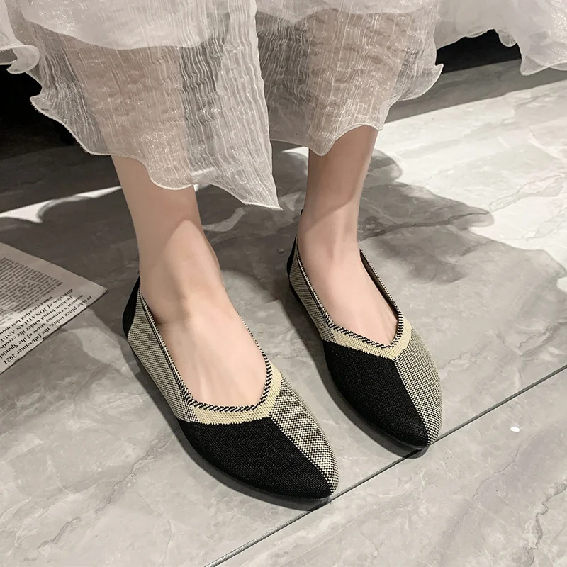 Women Fashion Flat Bottomed Shoes Elastic Knitted Breathable Circular Toe Shoes Sweat Absorbing Insole Non Slip Rubber Shoes