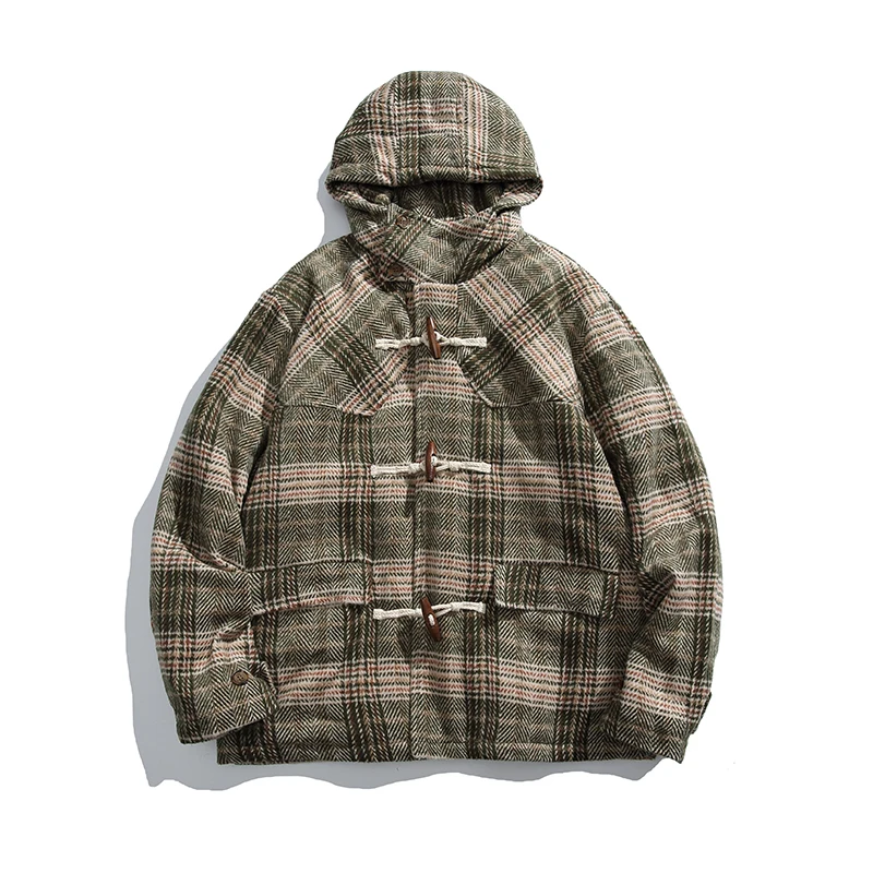 

2024 Winter Men Streetwear Fashion Loose Casual Retro Plaid Woolen Quilted Hooded Parkas Coat Man Padded Cotton Jacket Outerwear