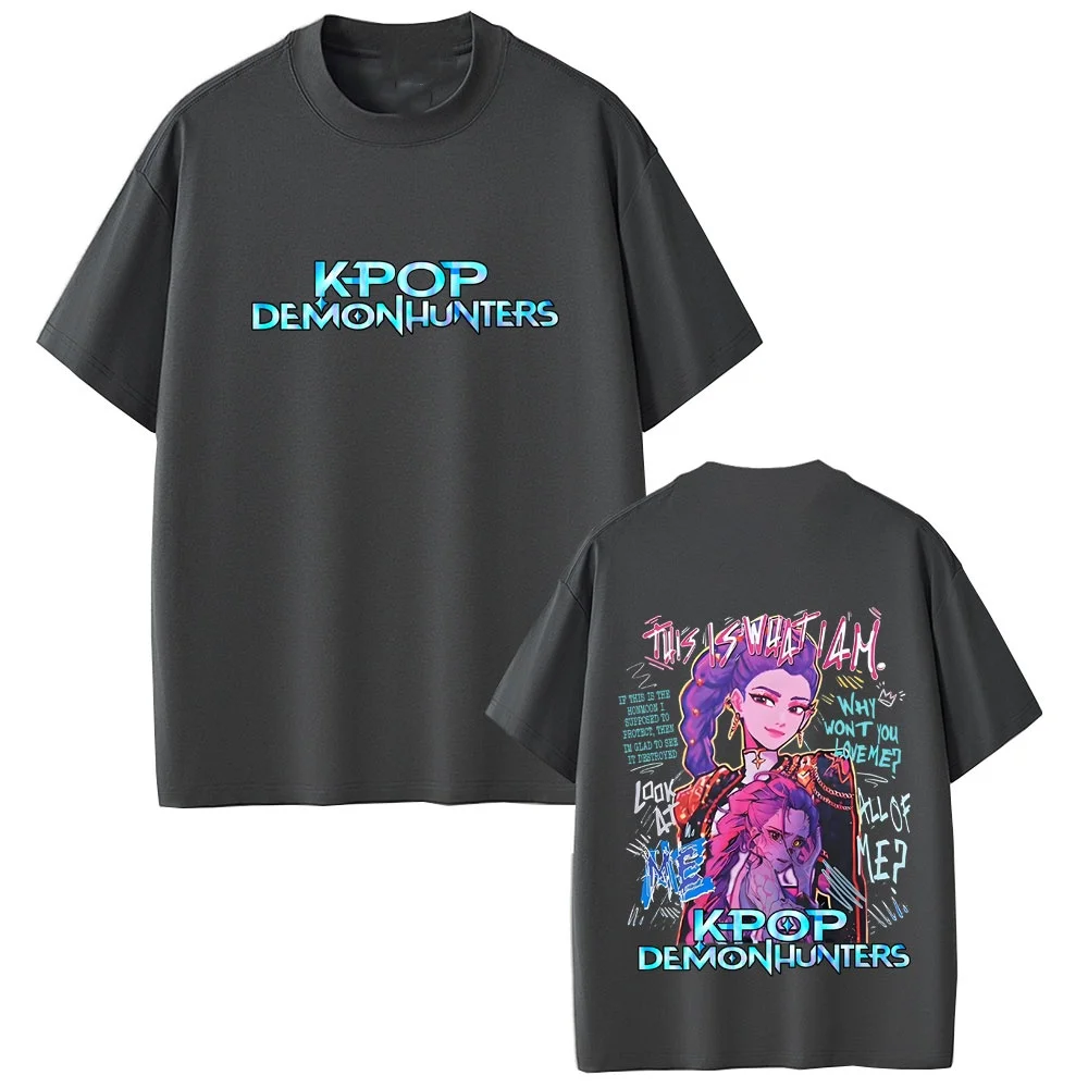 KPop شيطان هنتر رومي ميرا زوي تي شيرت 2025 الصيف الرجال النساء الكرتون تي شيرت غير رسمي للجنسين المتضخم موضة الاتجاه تي شيرت