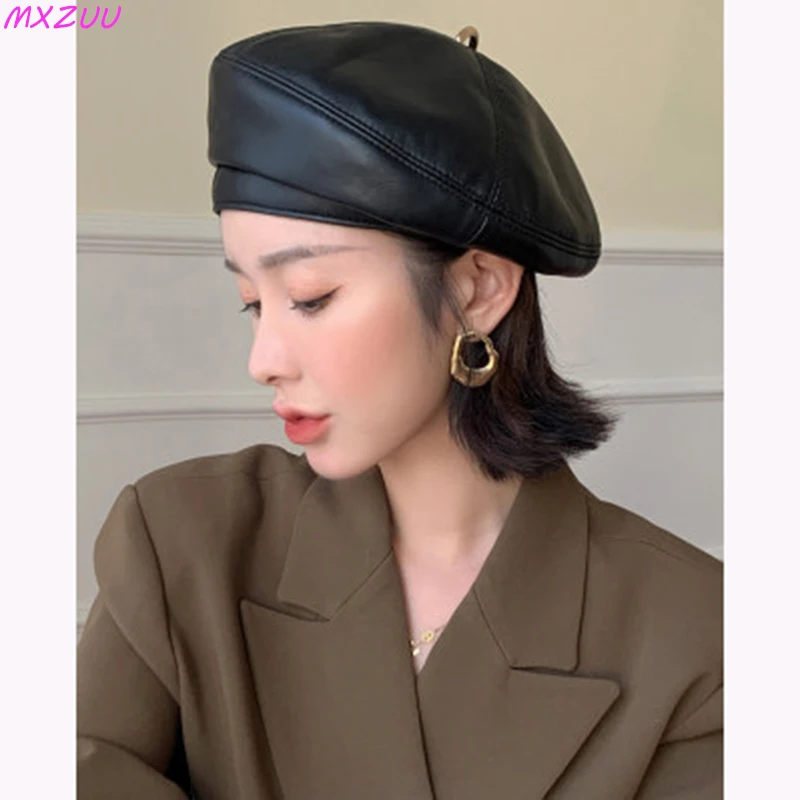 Ladies Genuine Leather Top Hats Exquisite Berets Femme Sheepskin Light Luxury Retro Khaki/Brown Cap Showing Small Face Headdress