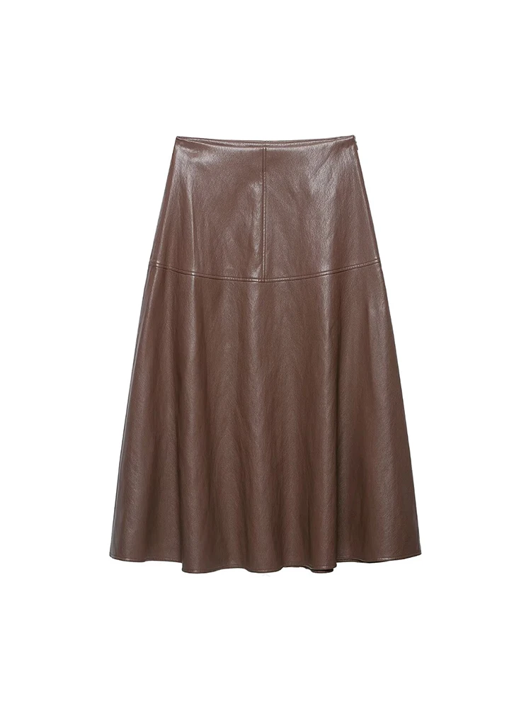 TFMLN Women Midi Skirt High Waist A Line PU Leather Long Skirts Elegant Fashion Solid Color Office Ladies Skirt Autumn New