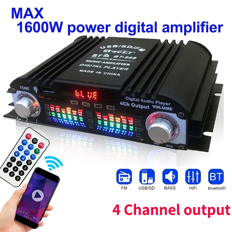 HiFi Sound Amplifier Digital 4 Channel Audio Amplifier 1600W Peak Power Bluetooth Karaoke Player FM Radio Support Remote Control