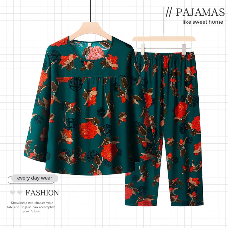 Pajama Summer Woman 2024 New Printed Long Sleeve Sleepwear Set Loose Spring Autumn Nightwear Home Clothes Cotton Pijamas Suit