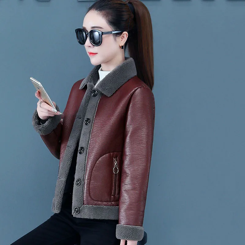 Imitation Lamb Fleece Leather Jacket Female Autumn Winter Fashion Wild Add Velvet Keep Warm Soft Leather Outcoat Lady Short Coat