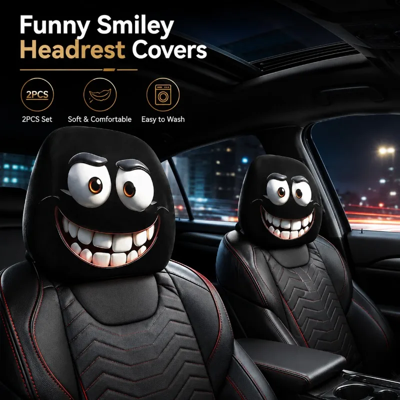 2PCS Smiley Printed Car Headrest Pillowcases Soft Polyester Washable Seat Cover Decorative Auto Interior Accessory Universal Fit