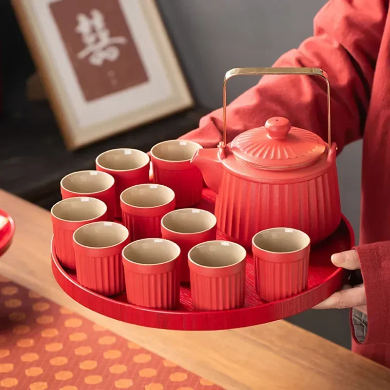 

Exquisite Red Ceramic Tea Pot and Cup Set Custom Chinese Wedding Tea Set Handmade Ball Hole Filter Teapot Home Beauty Teaware