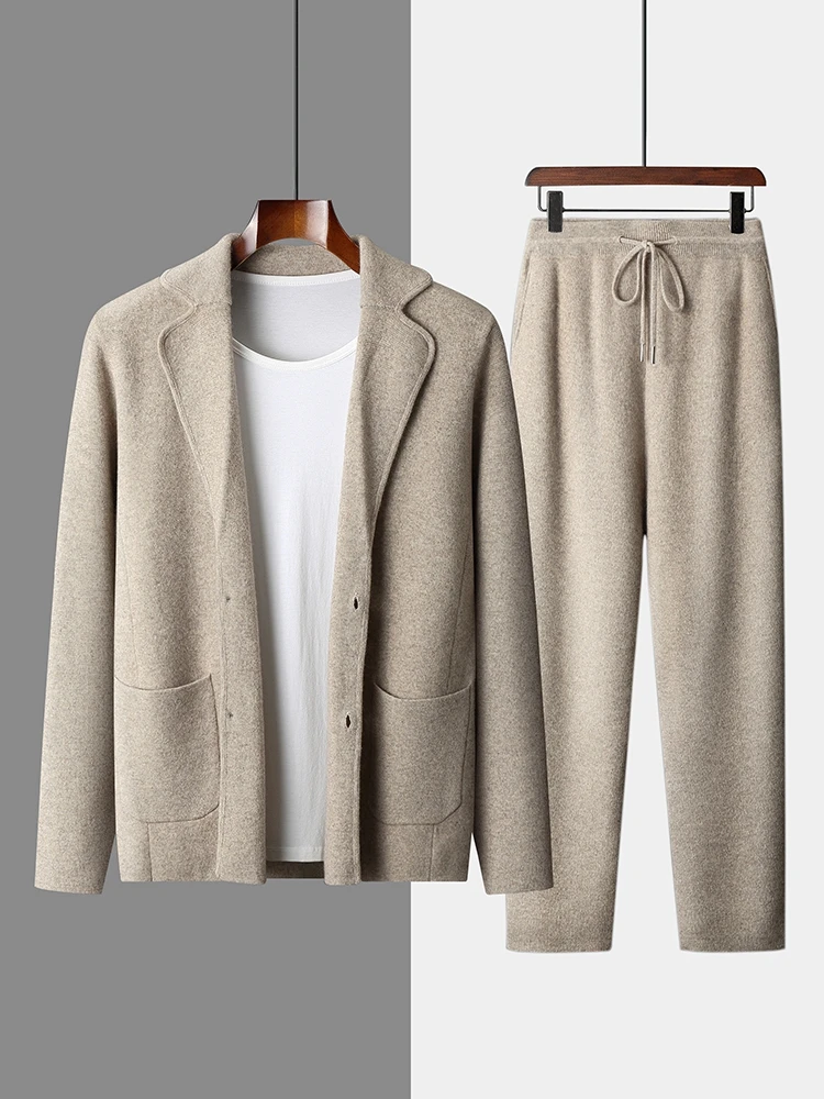 Men' 100% Cashmere Sweater Coat Cashmere Pants Suit Autumn Winter Thick Soft Warm Cashmere Knitwear Smart Casual Cashmere Suit