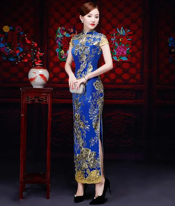 

Chinese Cheongsam Blue Sequins Gold Embroidery Women Stage Evening Dress Lace