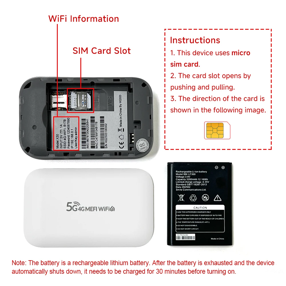 Lte Router 4G SIM Modem 300Mbps WiFi6 Mifi Compatible with 5G SIM Cards Mini Pocket 4G Wifi Hotspot Type-C Port 3000mAh Battery