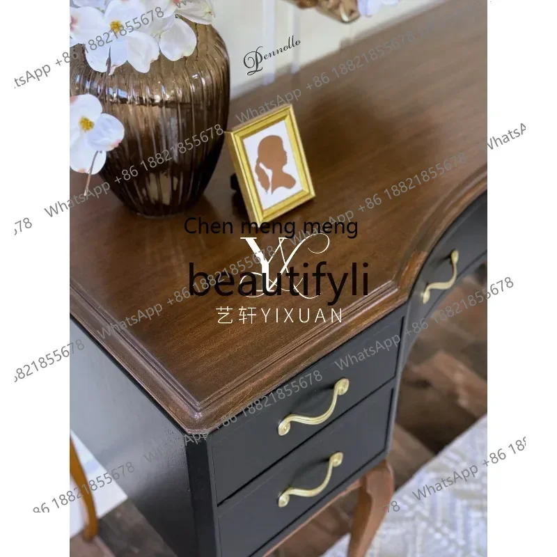 S7486 ss French Retro Black Solid Wood Dressing Table Modern Simple Bedroom Storage Makeup Mirror Furniture Customization