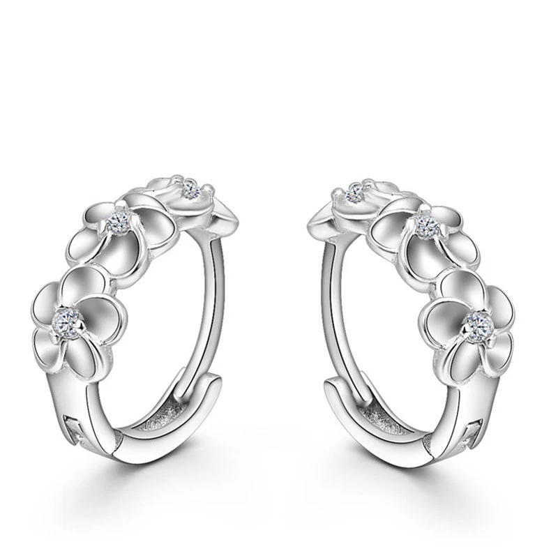 Authentic 925 Sterling Silver Flower Shaped Elegant Generous Small Cubic Zirconia Simple Design Female Jewelry Earrings