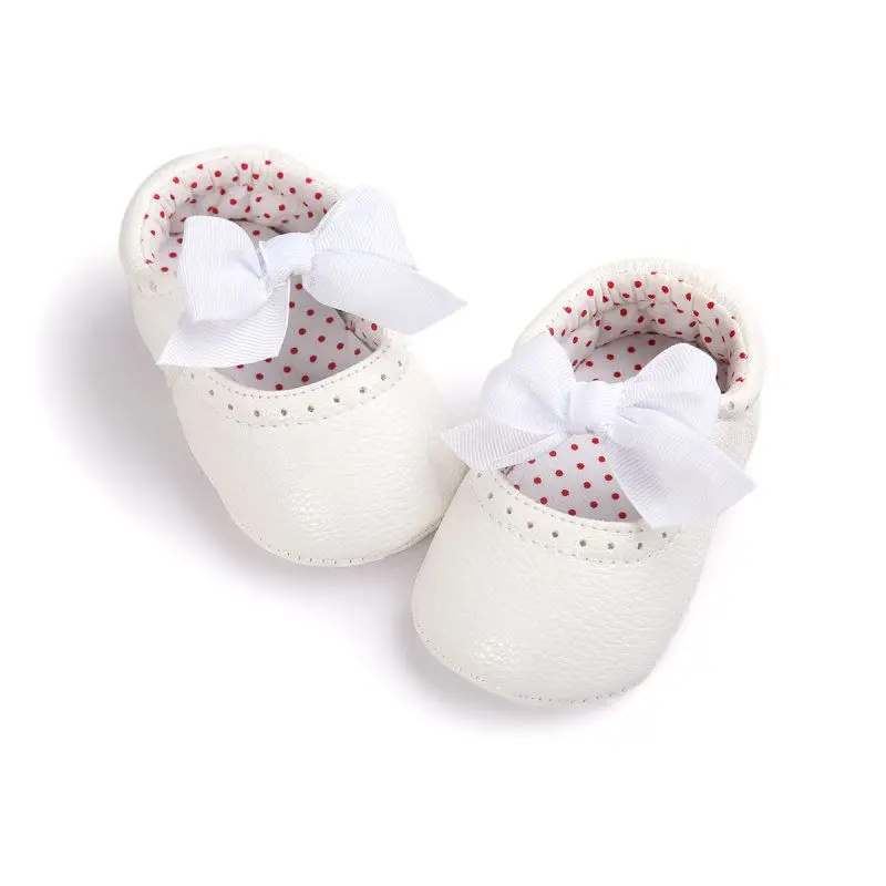 Zapatos de piel sintética para bebé recién nacido, zapatos de princesa con lazo, antideslizantes, suela suave, primeros pasos, 0 a 18 meses