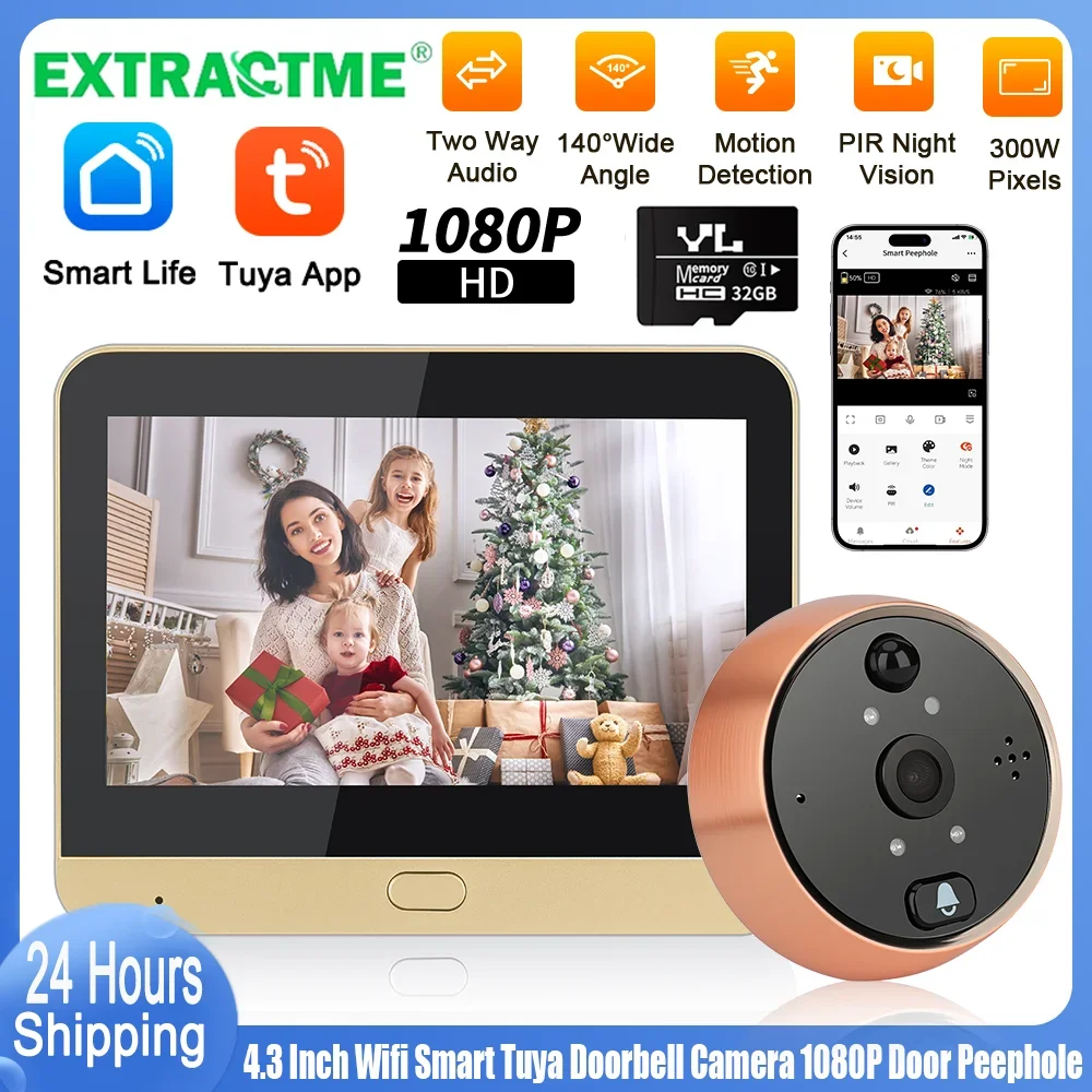 

Extractme 4.3 Inch Wifi Smart Doorbell Camera Tuya 1080P Full HD Door Peephole Camera with PIR Detection Doorbell Видеоглазок