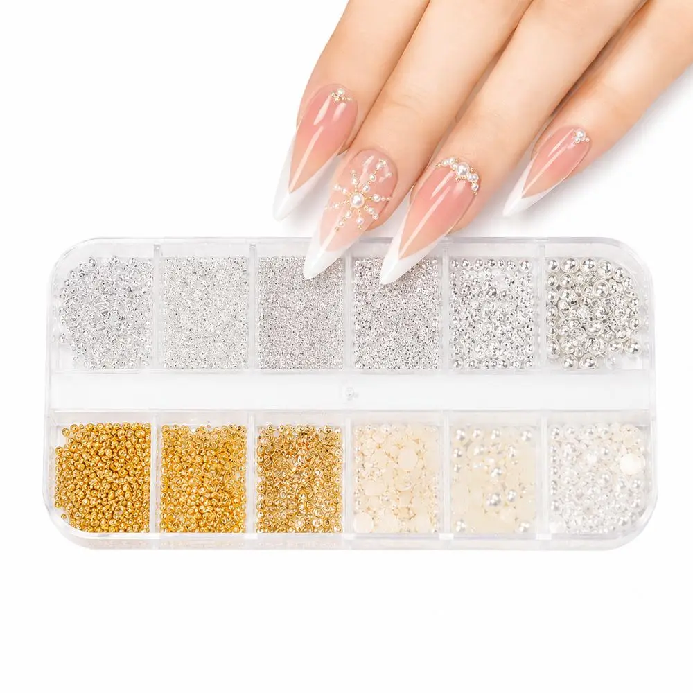 12 Grids Flat Back Mixed Nail Ornaments Half‑Pearl Metal Rice Caviar Beads Rivet Stud Multi‑Size Charms For Festival Nail Design